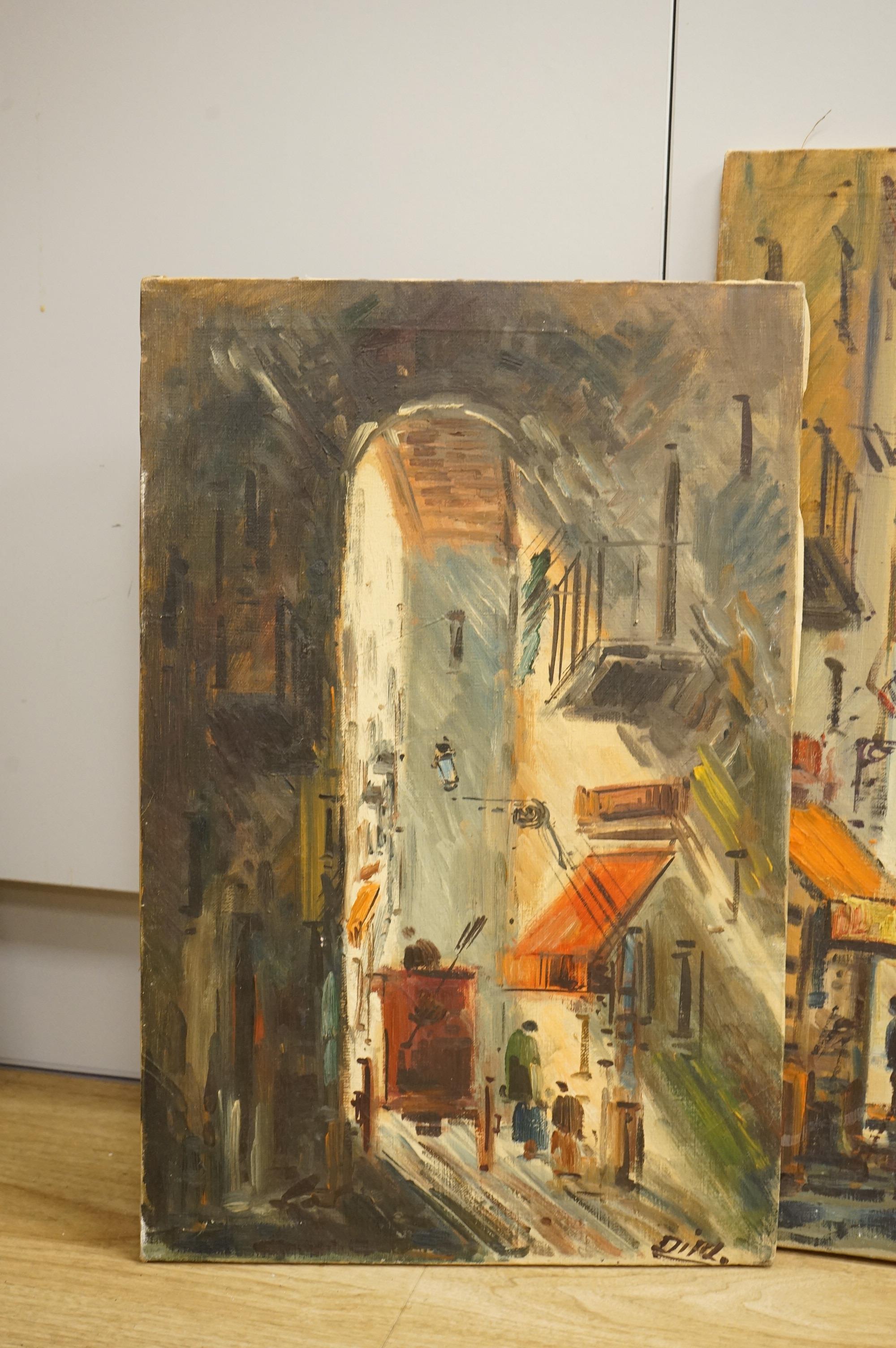Diaz, Street scenes, each signed, three oils on canvas, unframed, largest 55 x 38cm